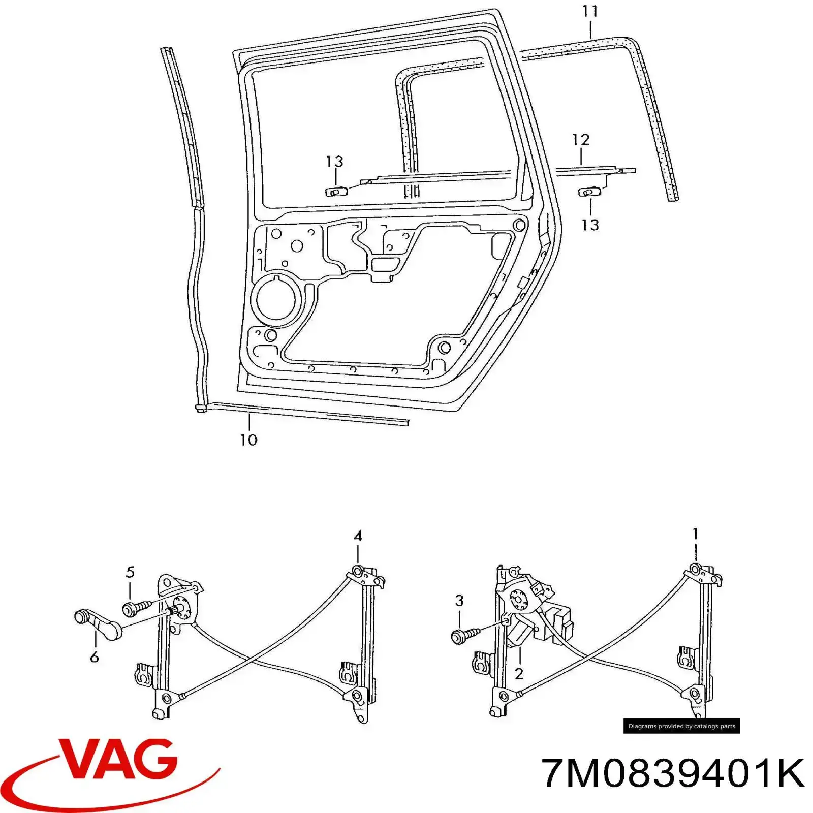 7M0839401L VAG mecanismo de acionamento de vidro da porta traseira esquerda