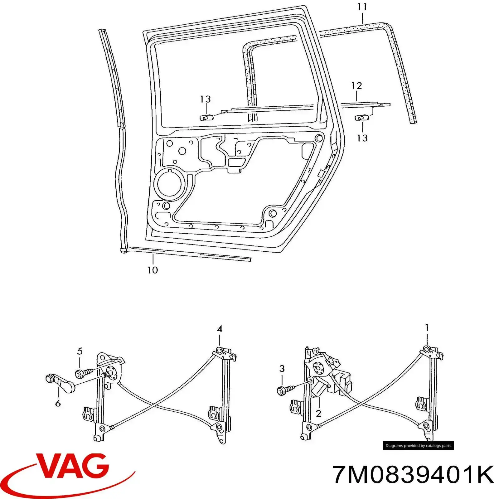 7M0839401K VAG mecanismo de acionamento de vidro da porta traseira esquerda