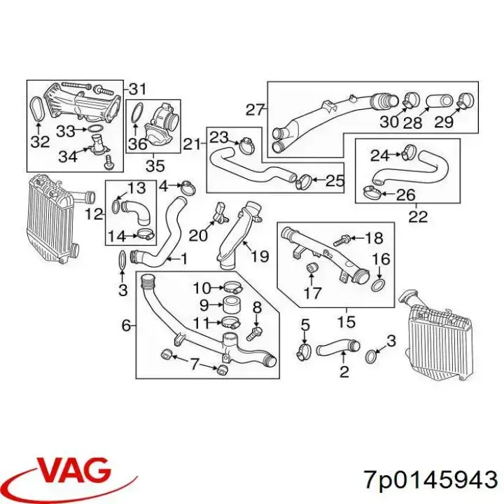 Шланг (патрубок) интеркуллера нижний левый VAG 7P0145943
