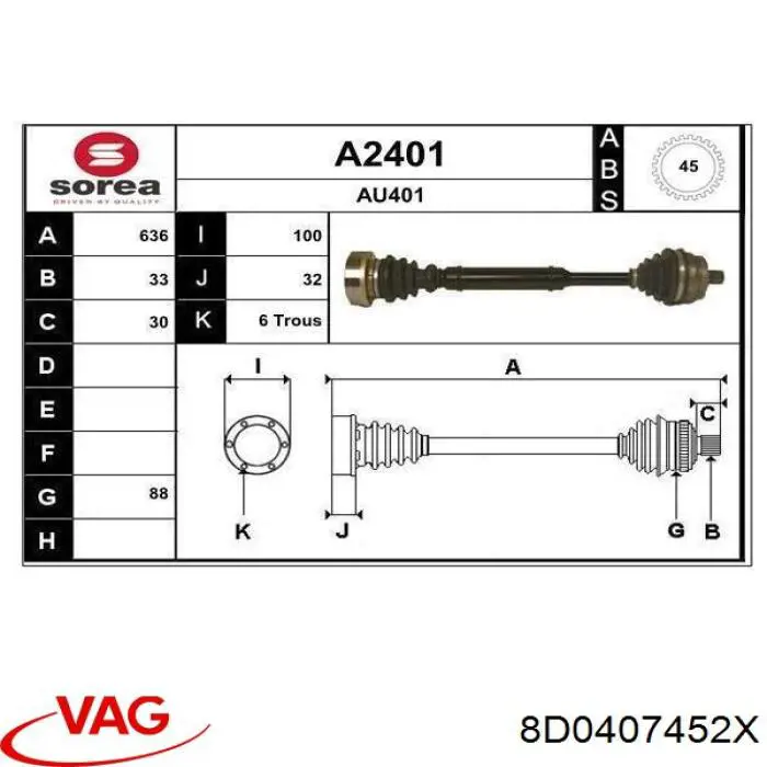 Привод передний правый VAG 8D0407452X цена, от 113.60 USD