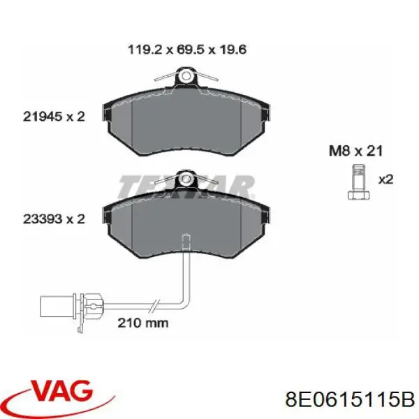 Передние тормозные колодки 8E0615115B VAG