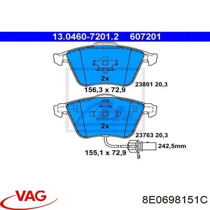 Колодки гальмівні передні, дискові 8E0698151C VAG/Audi