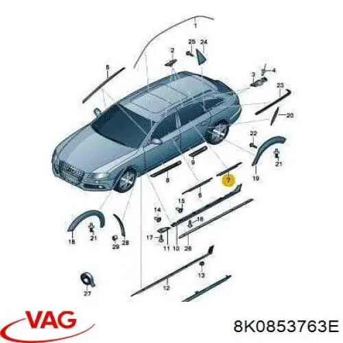 Молдинг опускного стекла двери задней левой VAG 8K0853763E цена, от 16.93 USD