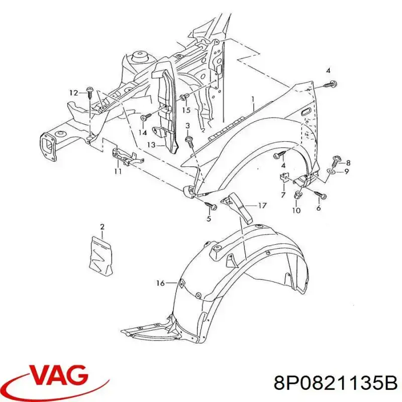 Купить 8P0821135B VAG Кронштейн крепления крыла переднего левого передний
