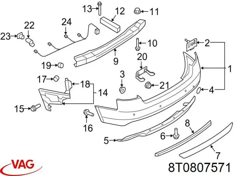 Кронштейн бампера заднего левый 8T0807571 VAG