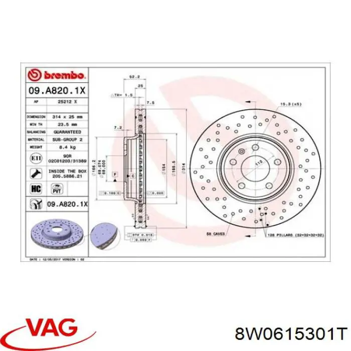 Тормоз дисковый передний VAG 8W0615301T цена, от 155.37 USD