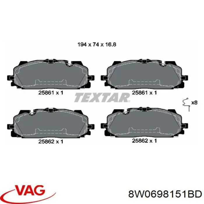 8W0698151BD VAG Sapatas do freio dianteiras de disco