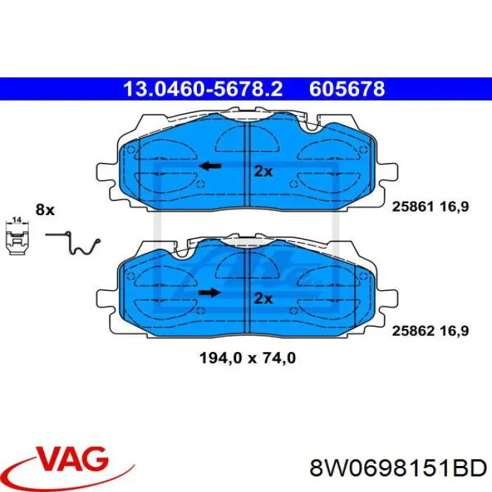 Sapatas do freio dianteiras de disco VAG 8W0698151BD preço, a partir de 123,67 USD