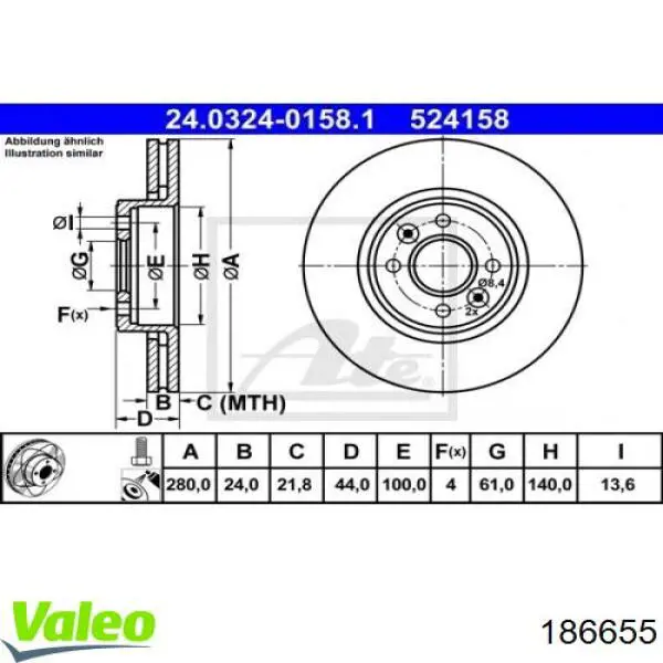 Тормоз дисковый передний VALEO 186655 цена, от 38.67 USD