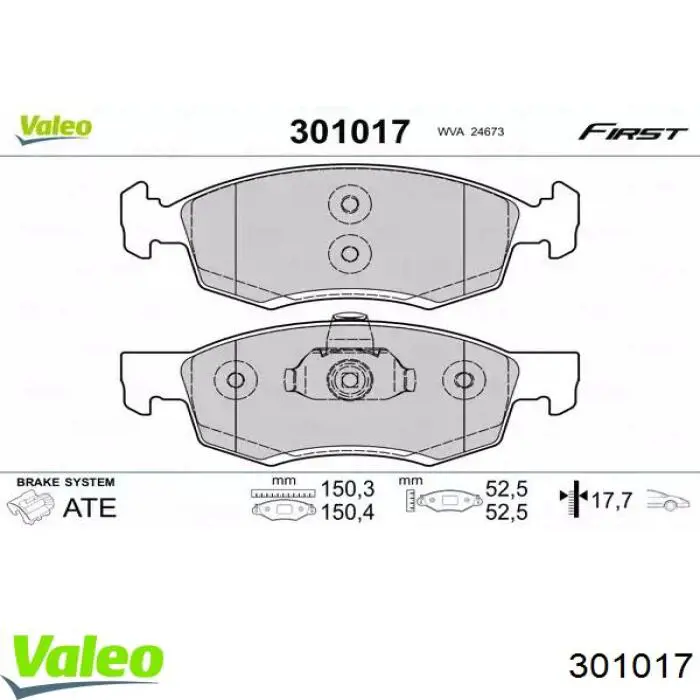 Передние тормозные колодки 301017 VALEO