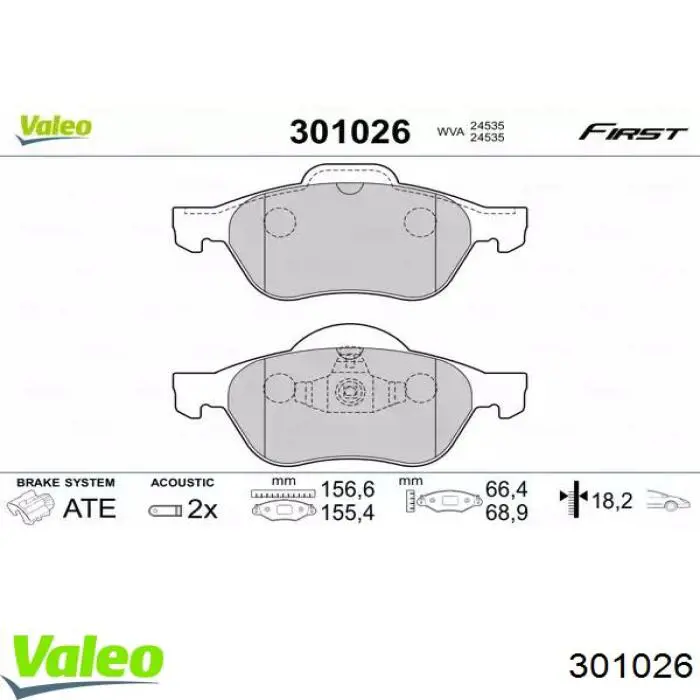 Передние тормозные колодки 301026 VALEO