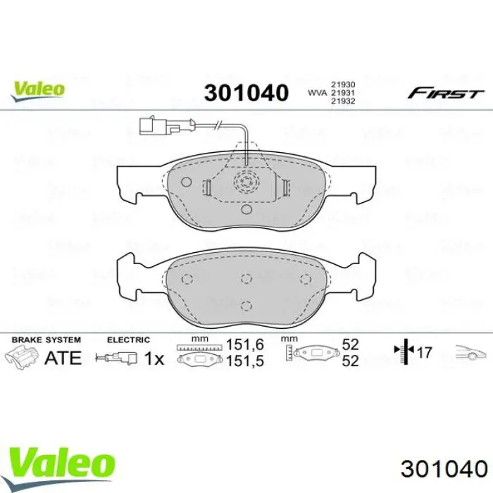 Передние тормозные колодки 301040 VALEO