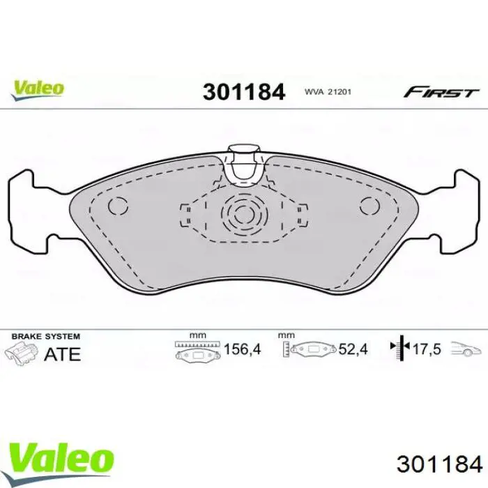 Передние тормозные колодки 301184 VALEO