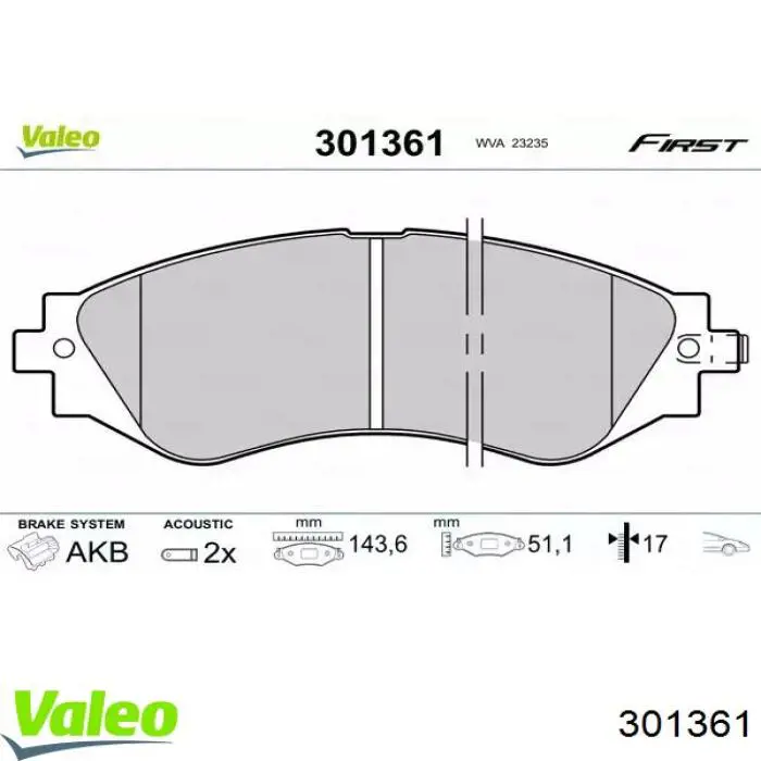 Передние тормозные колодки 301361 VALEO