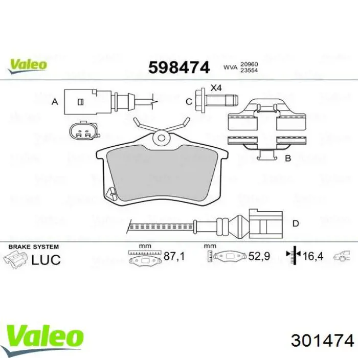 Задние тормозные колодки 301474 VALEO