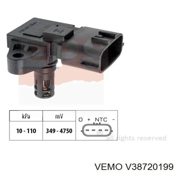 Датчик давления во впускном коллекторе, MAP V38720199 Vemo