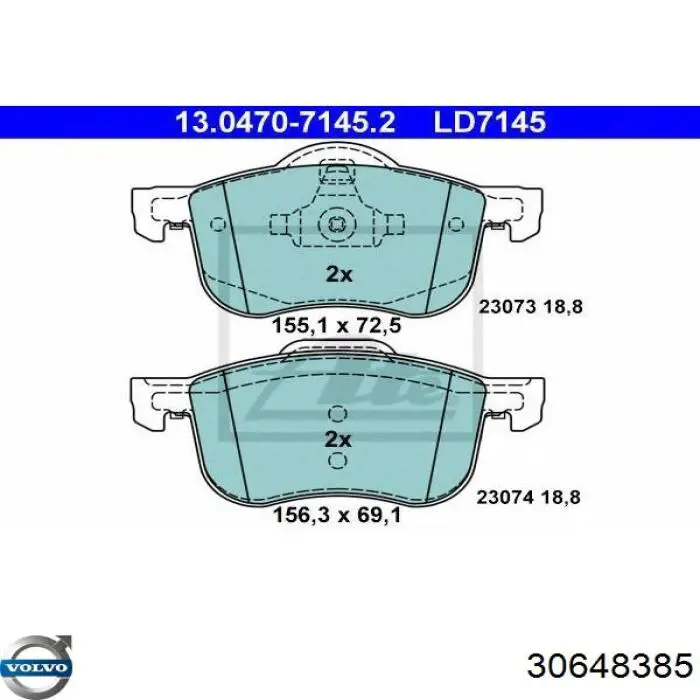 Передние тормозные колодки 30648385 Volvo