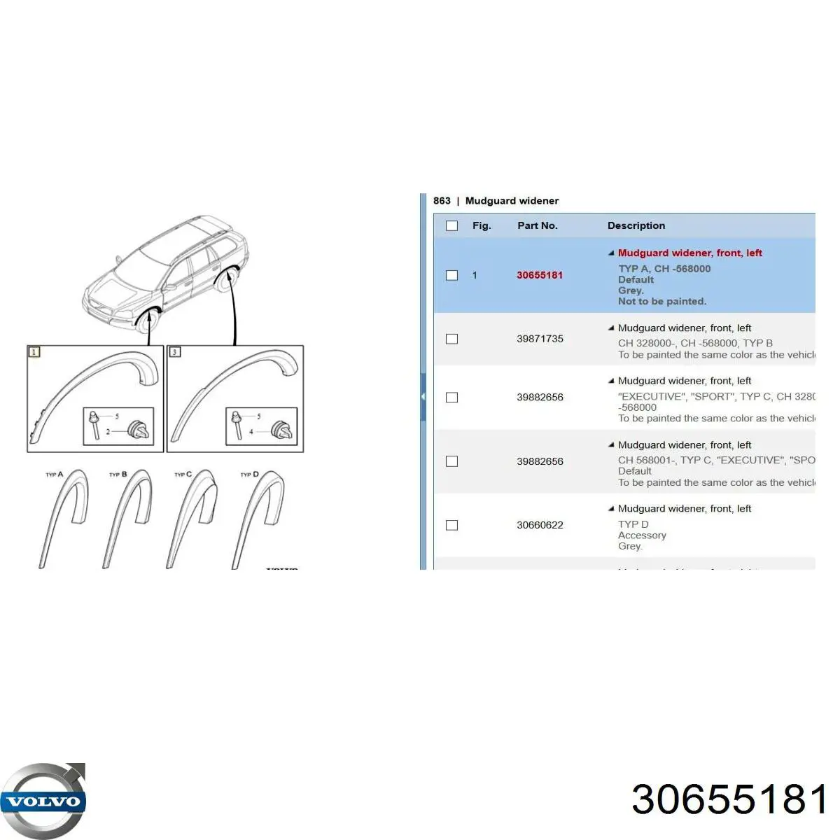 Расширитель (накладка) арки переднего крыла левый Volvo 30655181 цена, от 12.67 USD