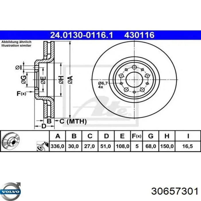 Disco do freio dianteiro 30657301 Volvo