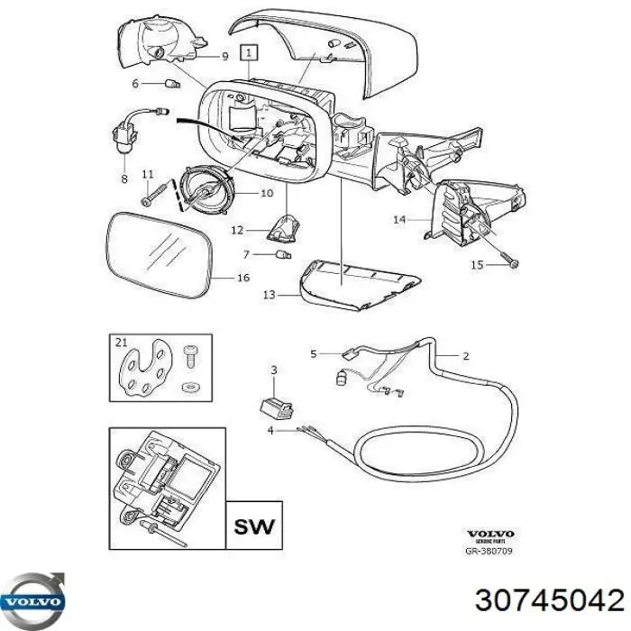30745042 Volvo Зеркальный элемент левого зеркала заднего вида