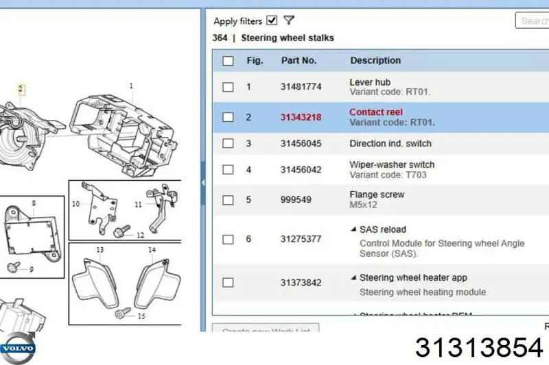 31313854 Volvo Anel AIRBAG de contato, cabo plano do volante