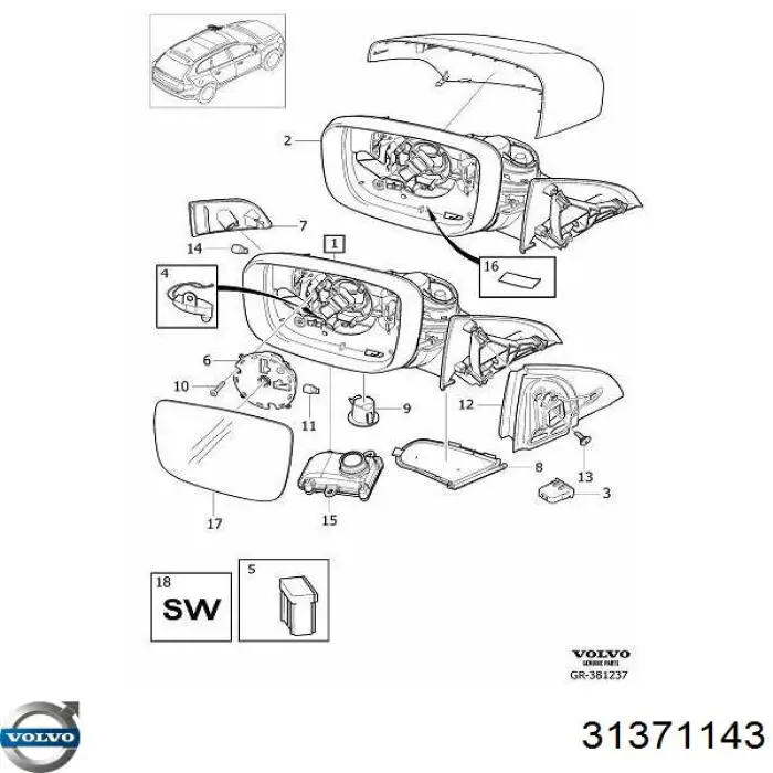 31371143 Volvo Зеркало заднего вида правое