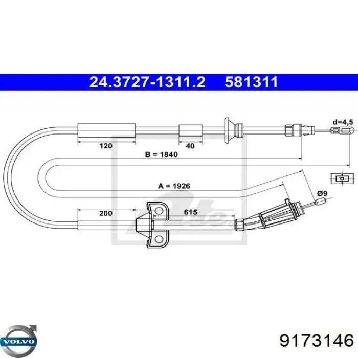 9173146 Volvo трос ручного тормоза задний правый/левый