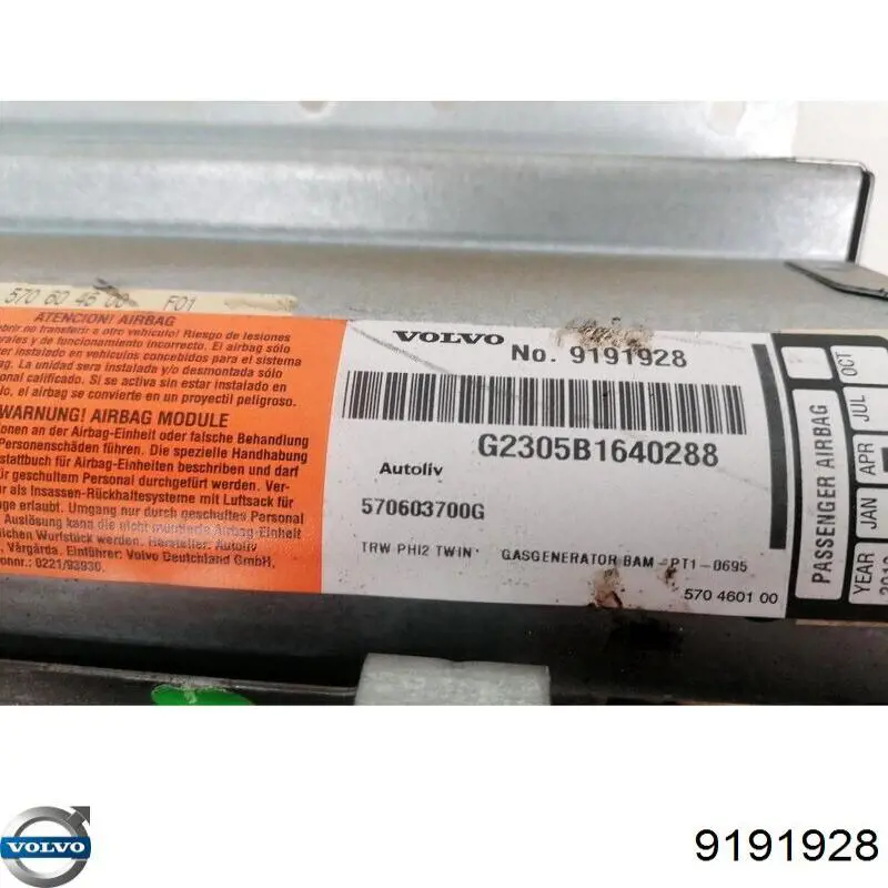 Подушка безопасности (AIRBAG) пассажирская Volvo 9191928 цена, от 28.12 USD