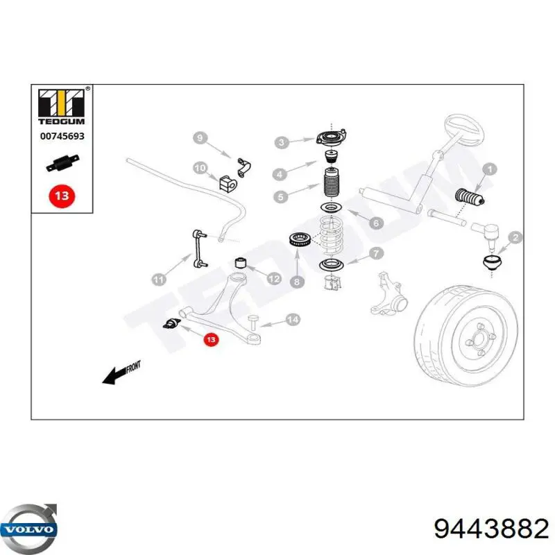 Купить 9443882 Volvo Сайлентблок нижний передней подвески