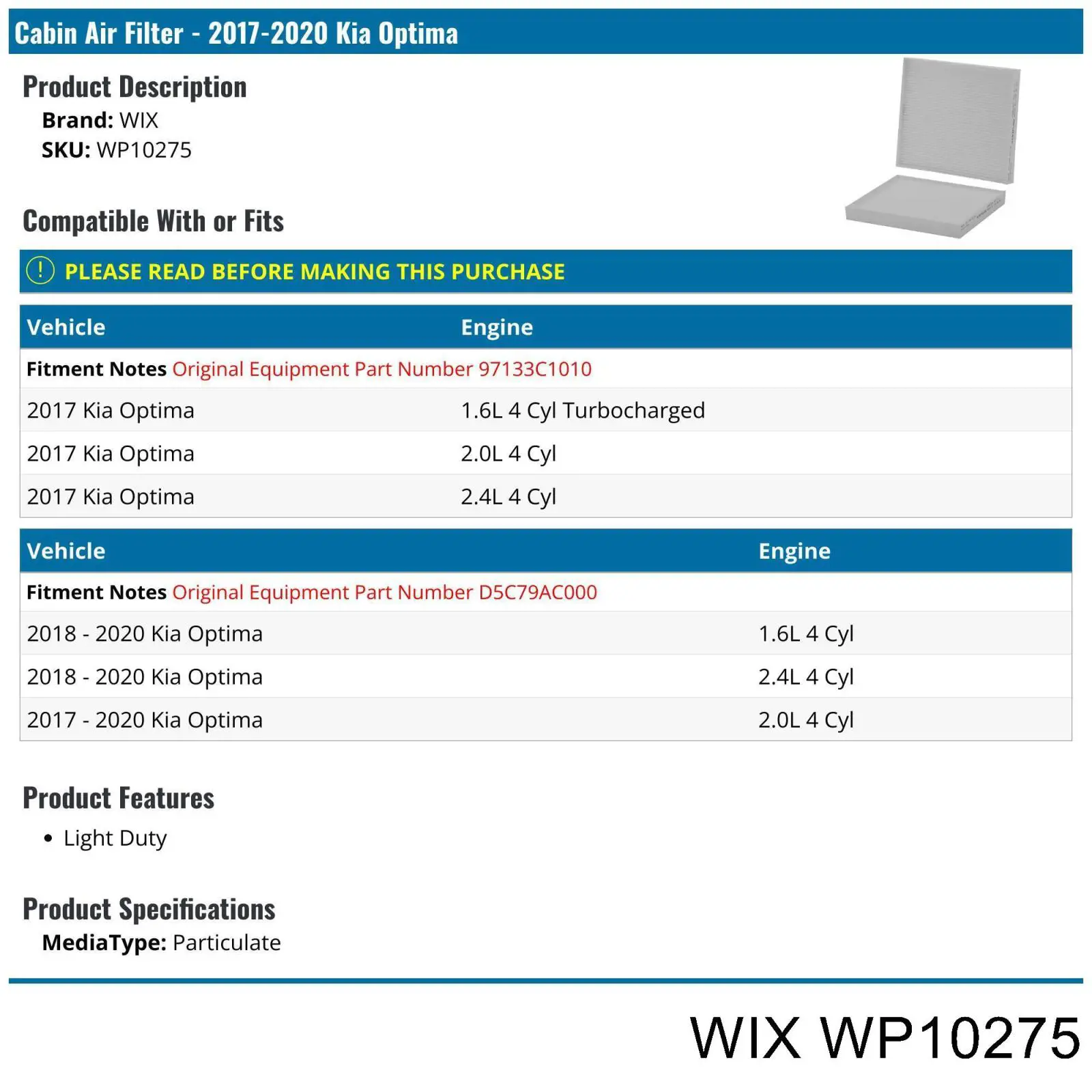 WP10275 WIX filtro de salão