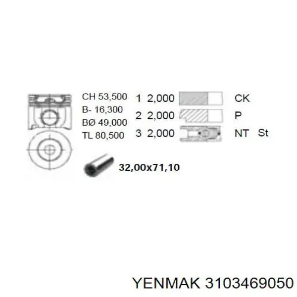 3103469050 Yenmak поршень в комплекте на 1 цилиндр, 2-й ремонт (+0,50)