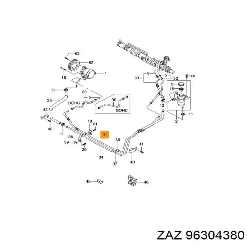 96304380 ZAZ шланг гур низкого давления, от рейки (механизма к бачку)
