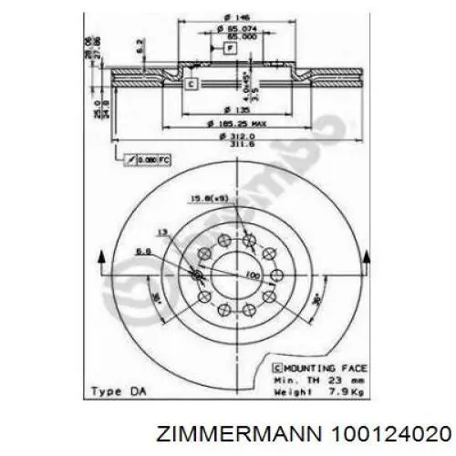 Купить 100124020 Zimmermann Ротор тормозной