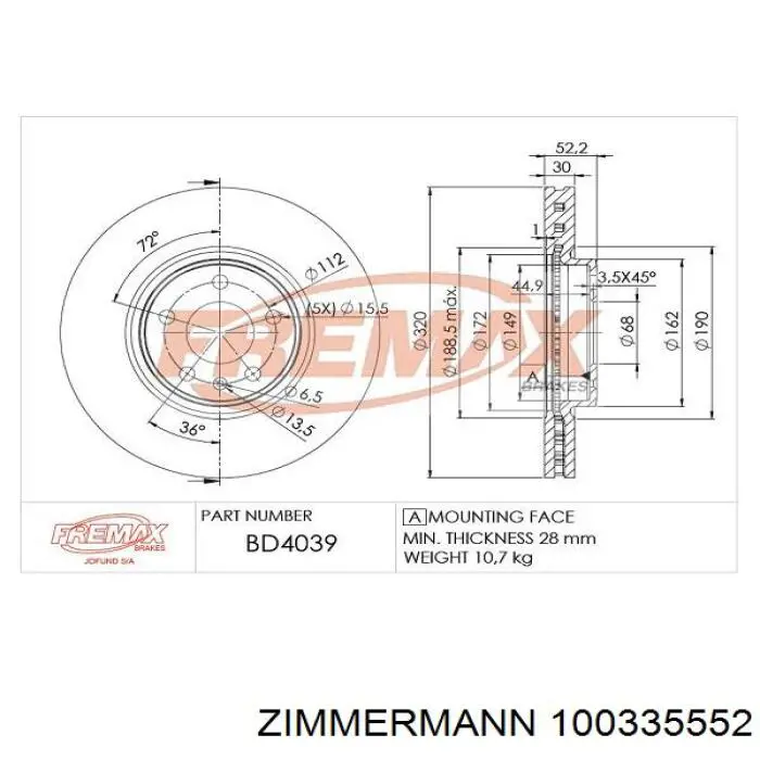 Передние тормозные диски 100335552 Zimmermann