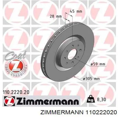 Передние тормозные диски 110222020 Zimmermann