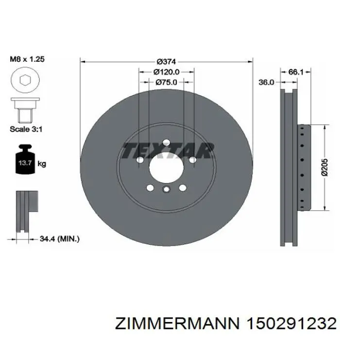 Тормоз дисковый передний Zimmermann 150291232 цена, от 211.45 USD