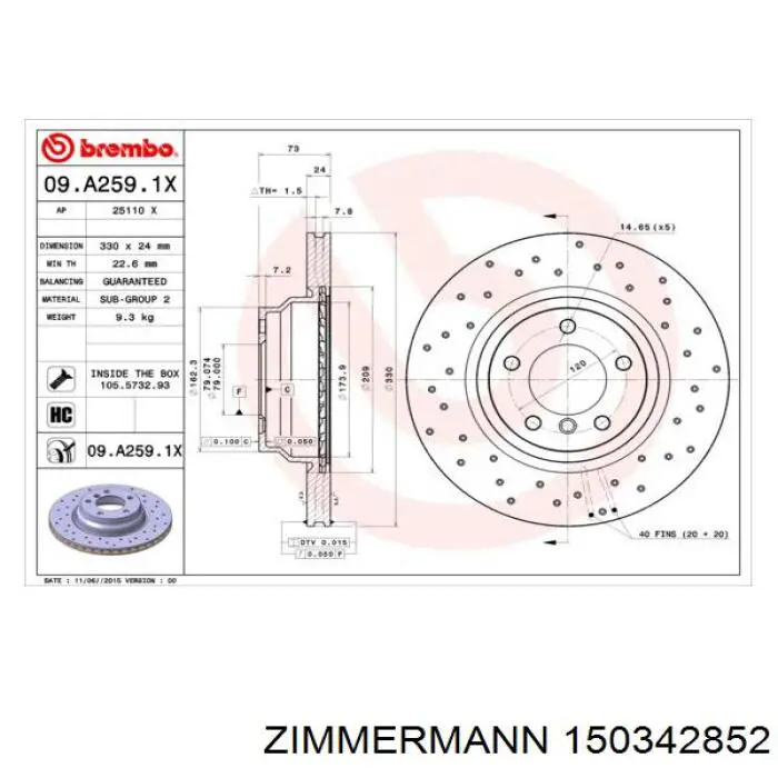 Передние тормозные диски 150342852 Zimmermann