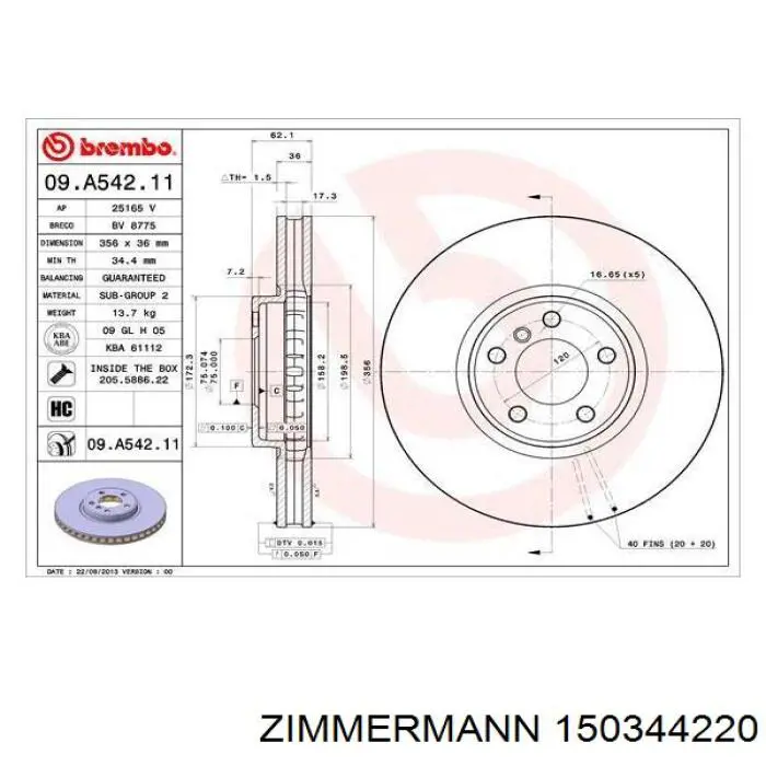 Передние тормозные диски 150344220 Zimmermann