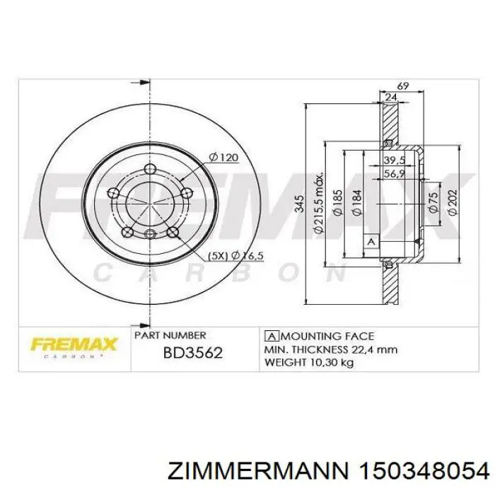 Задний дисковый тормоз Zimmermann 150348054