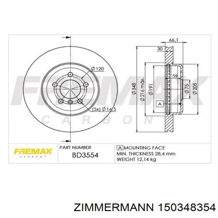 Передний тормозной диск Zimmermann 150348354