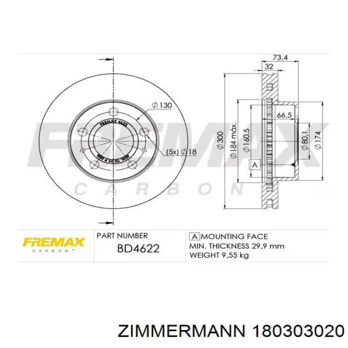 Передние тормозные диски 180303020 Zimmermann