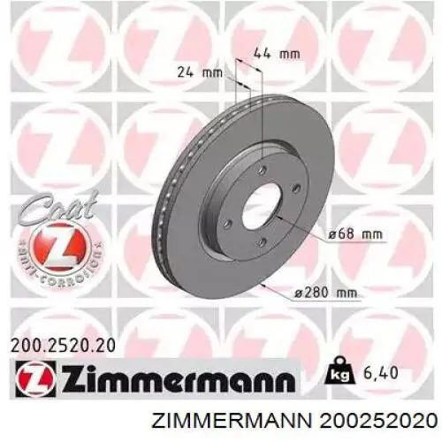 Передние тормозные диски 200252020 Zimmermann