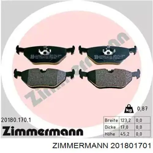 201801701 Zimmermann колодки тормозные задние дисковые