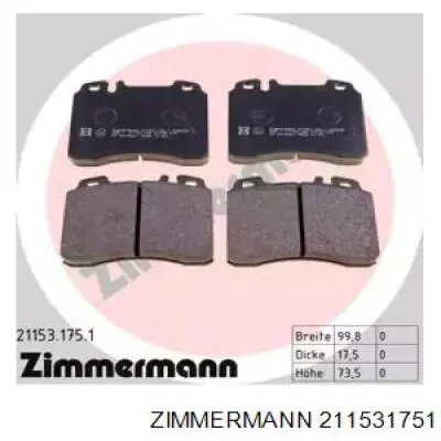 211531751 Zimmermann колодки тормозные передние дисковые