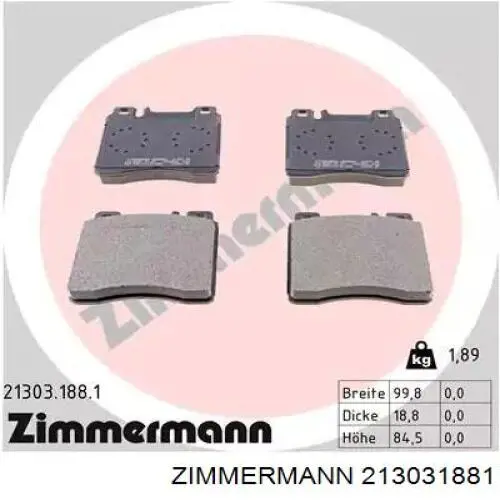 213031881 Zimmermann передние тормозные колодки