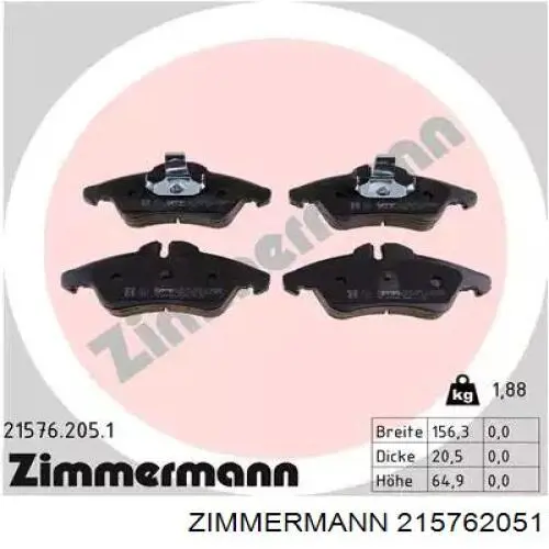 21576.205.1 Zimmermann колодки тормозные передние дисковые