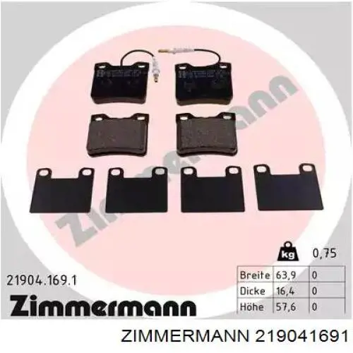 219041691 Zimmermann колодки тормозные задние дисковые