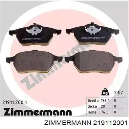 Передние тормозные колодки 219112001 Zimmermann