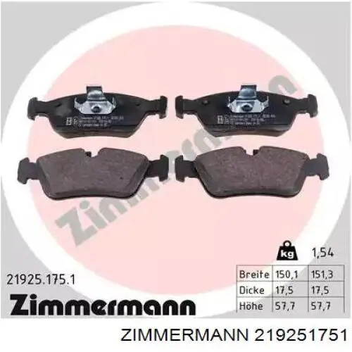 219251751 Zimmermann колодки тормозные передние дисковые