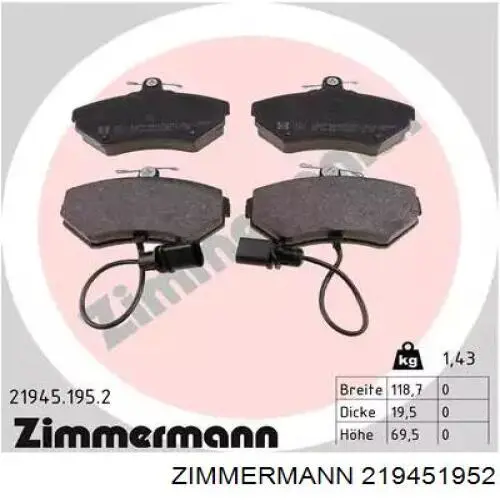 219451952 Zimmermann колодки тормозные передние дисковые